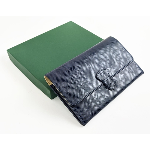 4 - ASPINAL OF LONDON TRAVELLING WALLET, navy blue leather with contrasting suede and fabric lining, fro... 