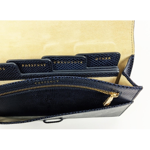 4 - ASPINAL OF LONDON TRAVELLING WALLET, navy blue leather with contrasting suede and fabric lining, fro... 