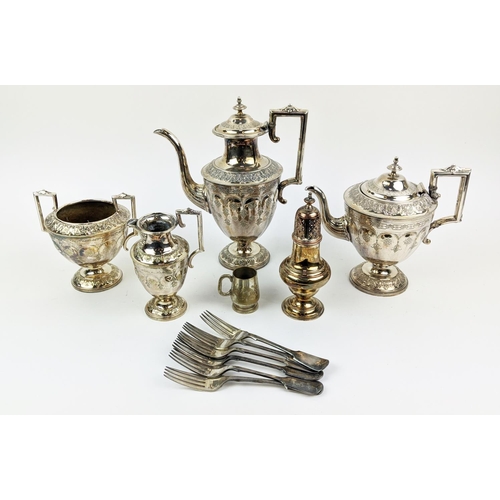 45 - A COLLECTION OF SILVER PLATED WARE, comprising a Victorian aesthetic four piece tea and coffee servi... 