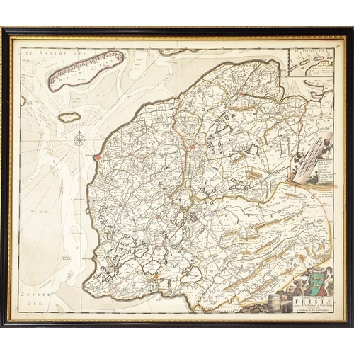 51 - THREE 17TH CENTURY FRAMED MAPS, depicting the Netherlands and surrounding regions, engraved and hand... 