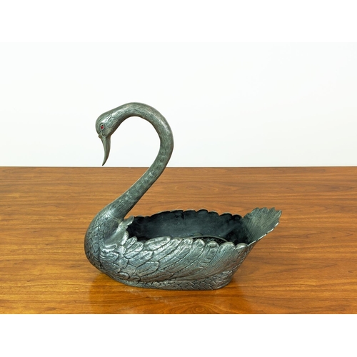 7 - SWAN JARDINERE, French pewter with glass eyes, and liner, 46cm H x 46cm.