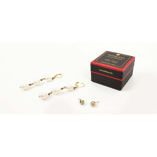 13 - PAIR OF GOLD & OPAL STUD EARINGS, set in 9ct rose gold, plus a pair of 14ct gold and freshwater pear... 