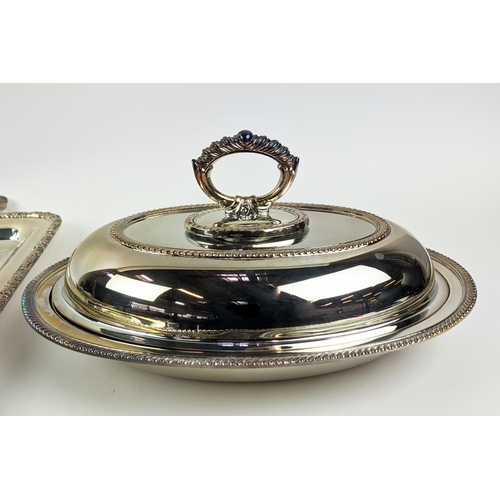 14 - A COLLECTION OF SILVER PLATE, including Victorian tea and coffee service, entree dish, trays, twin h... 