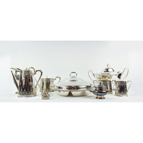 14 - A COLLECTION OF SILVER PLATE, including Victorian tea and coffee service, entree dish, trays, twin h... 