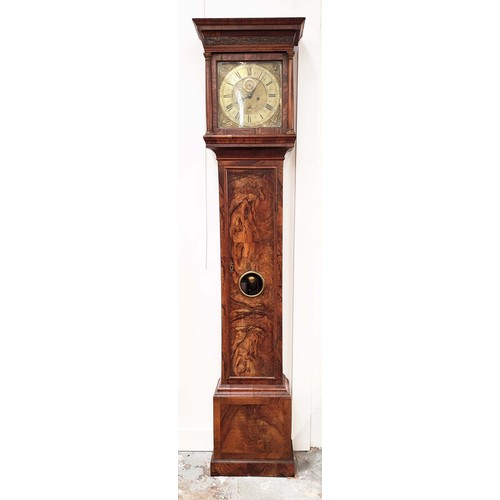 181 - EARLY 18TH CENTURY ‘R. HAUGHTIN’ EIGHT DAY LONGCASE CLOCK, walnut, 11 inch brass dial with gilt span... 