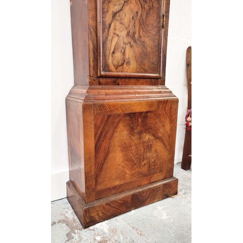 181 - EARLY 18TH CENTURY ‘R. HAUGHTIN’ EIGHT DAY LONGCASE CLOCK, walnut, 11 inch brass dial with gilt span... 