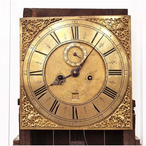 181 - EARLY 18TH CENTURY ‘R. HAUGHTIN’ EIGHT DAY LONGCASE CLOCK, walnut, 11 inch brass dial with gilt span... 