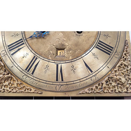 181 - EARLY 18TH CENTURY ‘R. HAUGHTIN’ EIGHT DAY LONGCASE CLOCK, walnut, 11 inch brass dial with gilt span... 