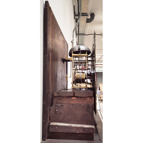 181 - EARLY 18TH CENTURY ‘R. HAUGHTIN’ EIGHT DAY LONGCASE CLOCK, walnut, 11 inch brass dial with gilt span... 