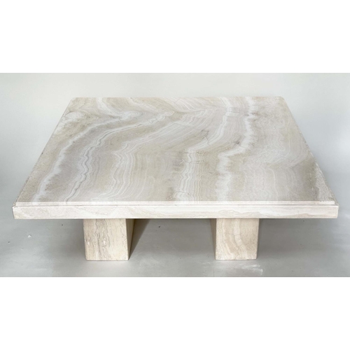199 - TRAVERTINE LOW TABLE, 1970's Italian travertine marble square with plinth support, 100cm x 100cm x 4... 