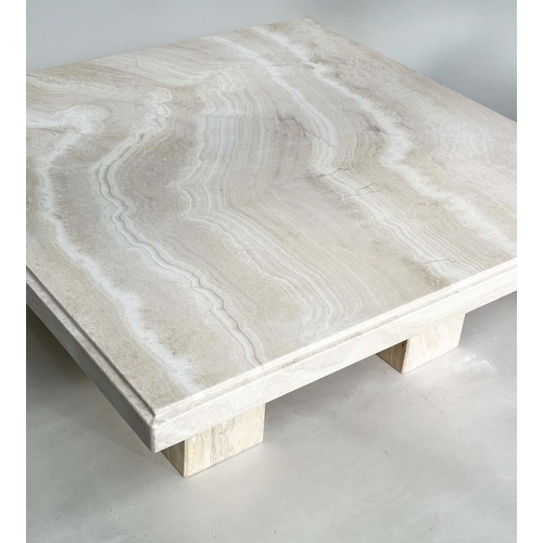 199 - TRAVERTINE LOW TABLE, 1970's Italian travertine marble square with plinth support, 100cm x 100cm x 4... 