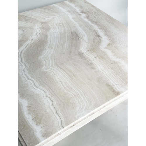 199 - TRAVERTINE LOW TABLE, 1970's Italian travertine marble square with plinth support, 100cm x 100cm x 4... 