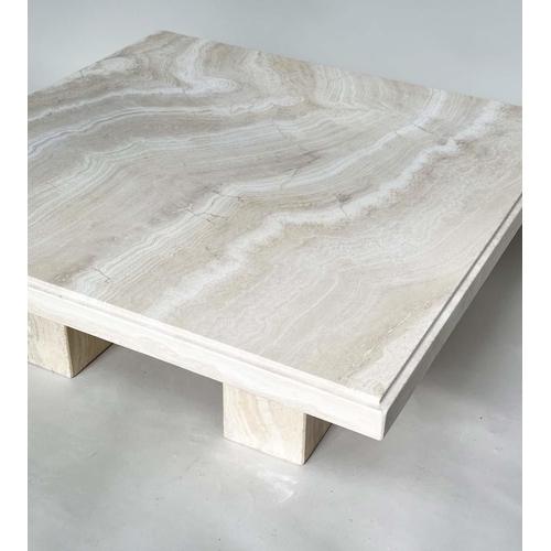 199 - TRAVERTINE LOW TABLE, 1970's Italian travertine marble square with plinth support, 100cm x 100cm x 4... 