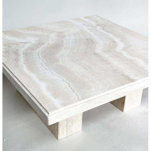 199 - TRAVERTINE LOW TABLE, 1970's Italian travertine marble square with plinth support, 100cm x 100cm x 4... 