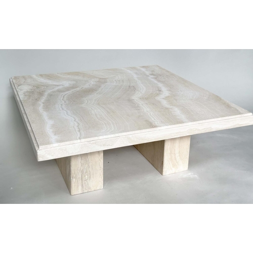 199 - TRAVERTINE LOW TABLE, 1970's Italian travertine marble square with plinth support, 100cm x 100cm x 4... 