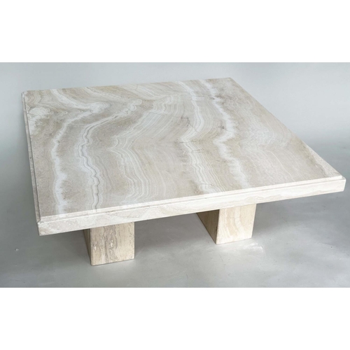 199 - TRAVERTINE LOW TABLE, 1970's Italian travertine marble square with plinth support, 100cm x 100cm x 4... 