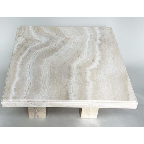 199 - TRAVERTINE LOW TABLE, 1970's Italian travertine marble square with plinth support, 100cm x 100cm x 4... 