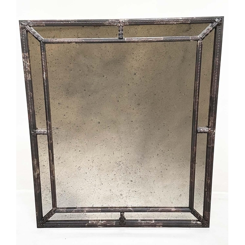 201 - WALL MIRROR, Italian antiqued silvered carved wood rectangular with cushion marginal beaded frame, 1... 