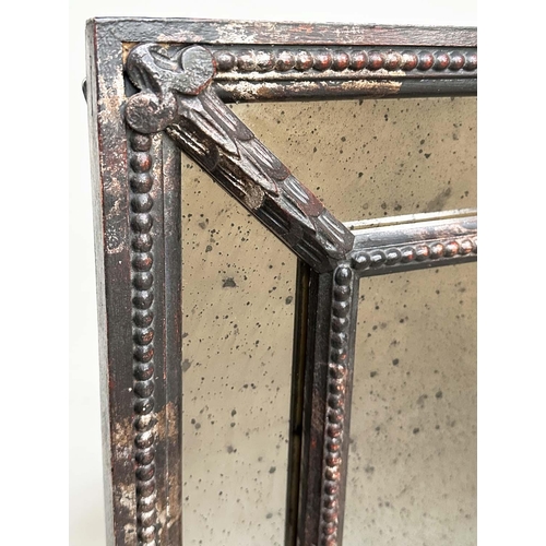 201 - WALL MIRROR, Italian antiqued silvered carved wood rectangular with cushion marginal beaded frame, 1... 