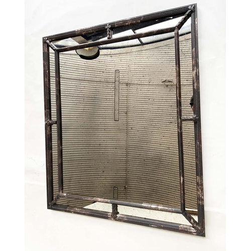 201 - WALL MIRROR, Italian antiqued silvered carved wood rectangular with cushion marginal beaded frame, 1... 
