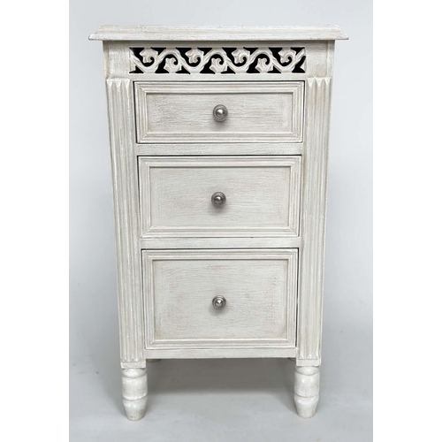 204 - BEDSIDE CHESTS, a pair, French style grey painted each with three drawers and pierced frieze, 40cm x... 