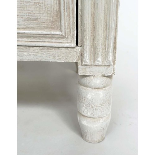 204 - BEDSIDE CHESTS, a pair, French style grey painted each with three drawers and pierced frieze, 40cm x... 