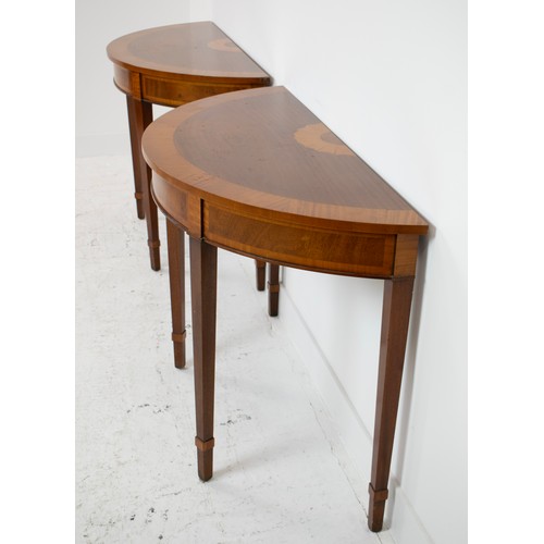 254 - DEMI LUNE TABLES, a pair, George III design mahogany and satinwood inlaid, 77cm H x 112cm x 47cm. (2... 