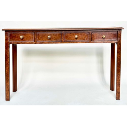 230 - HALL TABLE, George III design burr walnut and crossbanded with four frieze drawers, 126cm x 32cm x 7... 