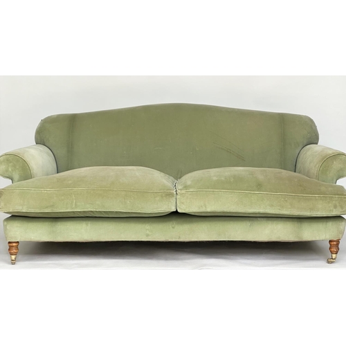 183 - SOFA, Howard style possibly George Smith with green velvet upholstery, feather filled cushions and t... 