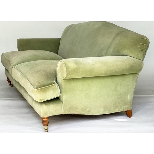 183 - SOFA, Howard style possibly George Smith with green velvet upholstery, feather filled cushions and t... 