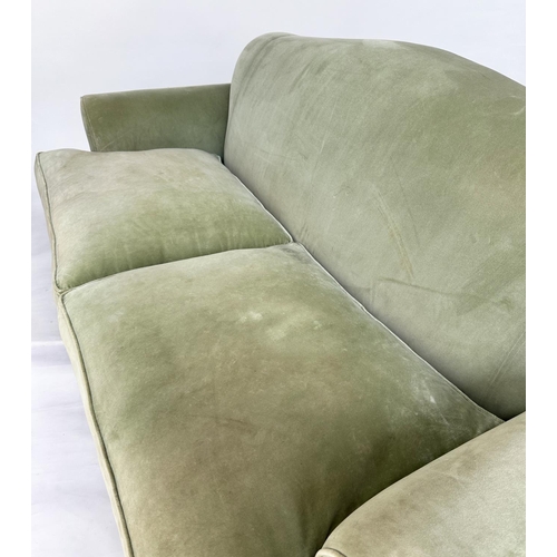 183 - SOFA, Howard style possibly George Smith with green velvet upholstery, feather filled cushions and t... 