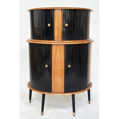 194 - COCKTAIL CABINET, 1960's demi lune walnut with double tambour sliding doors, shelved and glazed inte... 