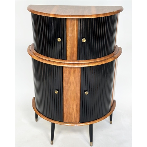194 - COCKTAIL CABINET, 1960's demi lune walnut with double tambour sliding doors, shelved and glazed inte... 