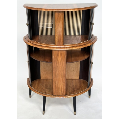 194 - COCKTAIL CABINET, 1960's demi lune walnut with double tambour sliding doors, shelved and glazed inte... 