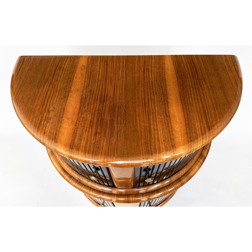 194 - COCKTAIL CABINET, 1960's demi lune walnut with double tambour sliding doors, shelved and glazed inte... 