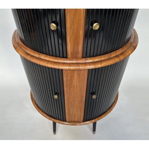 194 - COCKTAIL CABINET, 1960's demi lune walnut with double tambour sliding doors, shelved and glazed inte... 