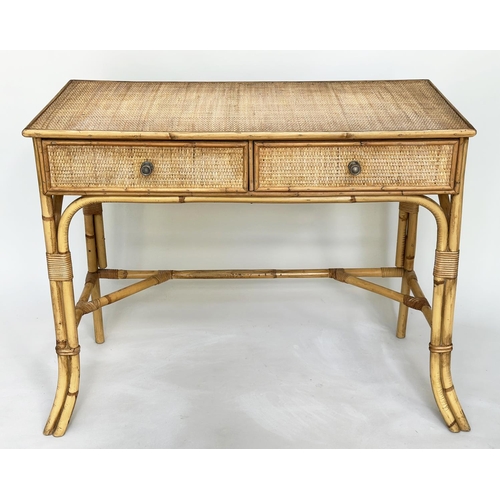 195 - BAMBOO WRITING TABLE, vintage Colonial style rattan framed, wicker panelled and cane bound with two ... 