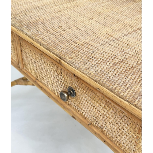 195 - BAMBOO WRITING TABLE, vintage Colonial style rattan framed, wicker panelled and cane bound with two ... 