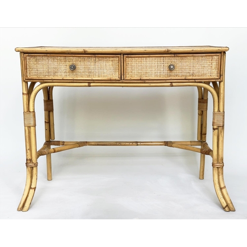 195 - BAMBOO WRITING TABLE, vintage Colonial style rattan framed, wicker panelled and cane bound with two ... 