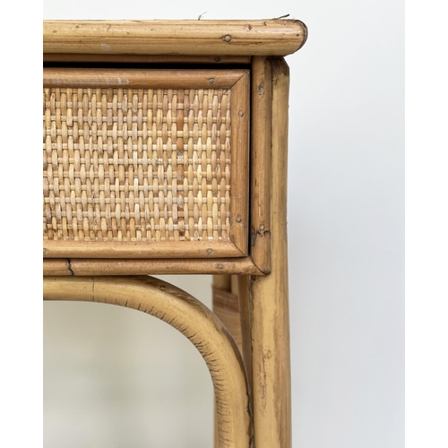 195 - BAMBOO WRITING TABLE, vintage Colonial style rattan framed, wicker panelled and cane bound with two ... 
