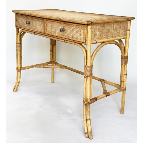 195 - BAMBOO WRITING TABLE, vintage Colonial style rattan framed, wicker panelled and cane bound with two ... 