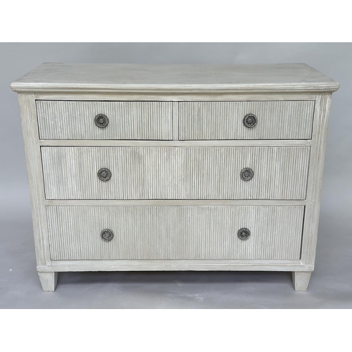 200 - GUSTAVIAN STYLE COMMODE, 19th century Continental grey painted with four drawers and tapering suppor... 