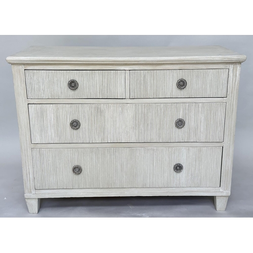 200 - GUSTAVIAN STYLE COMMODE, 19th century Continental grey painted with four drawers and tapering suppor... 