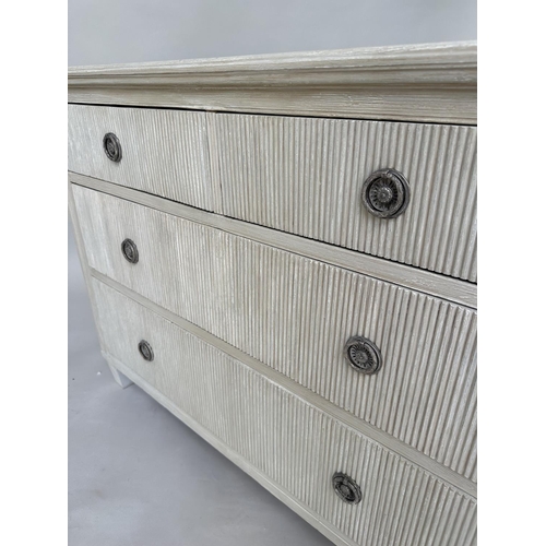 200 - GUSTAVIAN STYLE COMMODE, 19th century Continental grey painted with four drawers and tapering suppor... 