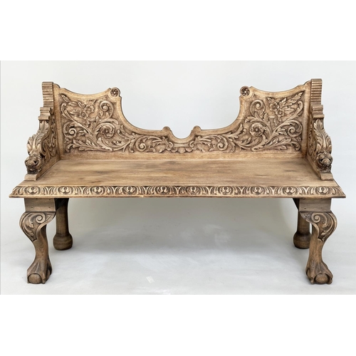 210 - HALL SEAT, 19th century oak with carved back and arms and cabriole supports, 85cm H x 143cm W x 49cm... 