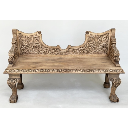 210 - HALL SEAT, 19th century oak with carved back and arms and cabriole supports, 85cm H x 143cm W x 49cm... 