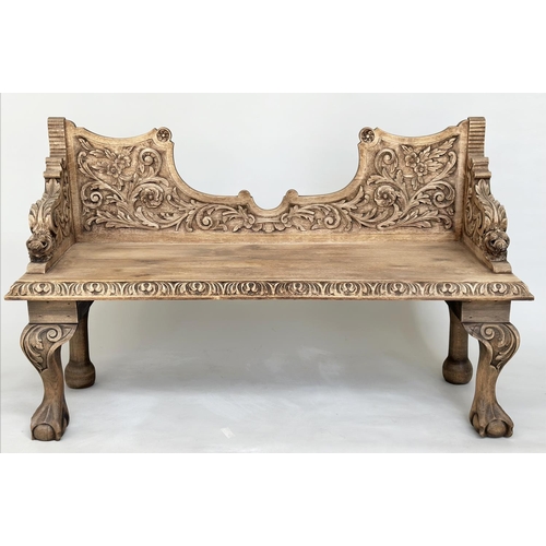 210 - HALL SEAT, 19th century oak with carved back and arms and cabriole supports, 85cm H x 143cm W x 49cm... 
