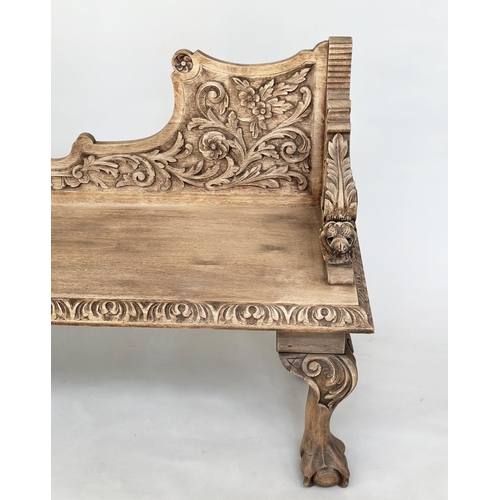 210 - HALL SEAT, 19th century oak with carved back and arms and cabriole supports, 85cm H x 143cm W x 49cm... 
