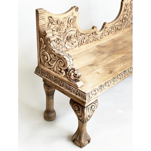 210 - HALL SEAT, 19th century oak with carved back and arms and cabriole supports, 85cm H x 143cm W x 49cm... 