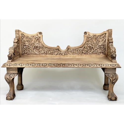 210 - HALL SEAT, 19th century oak with carved back and arms and cabriole supports, 85cm H x 143cm W x 49cm... 